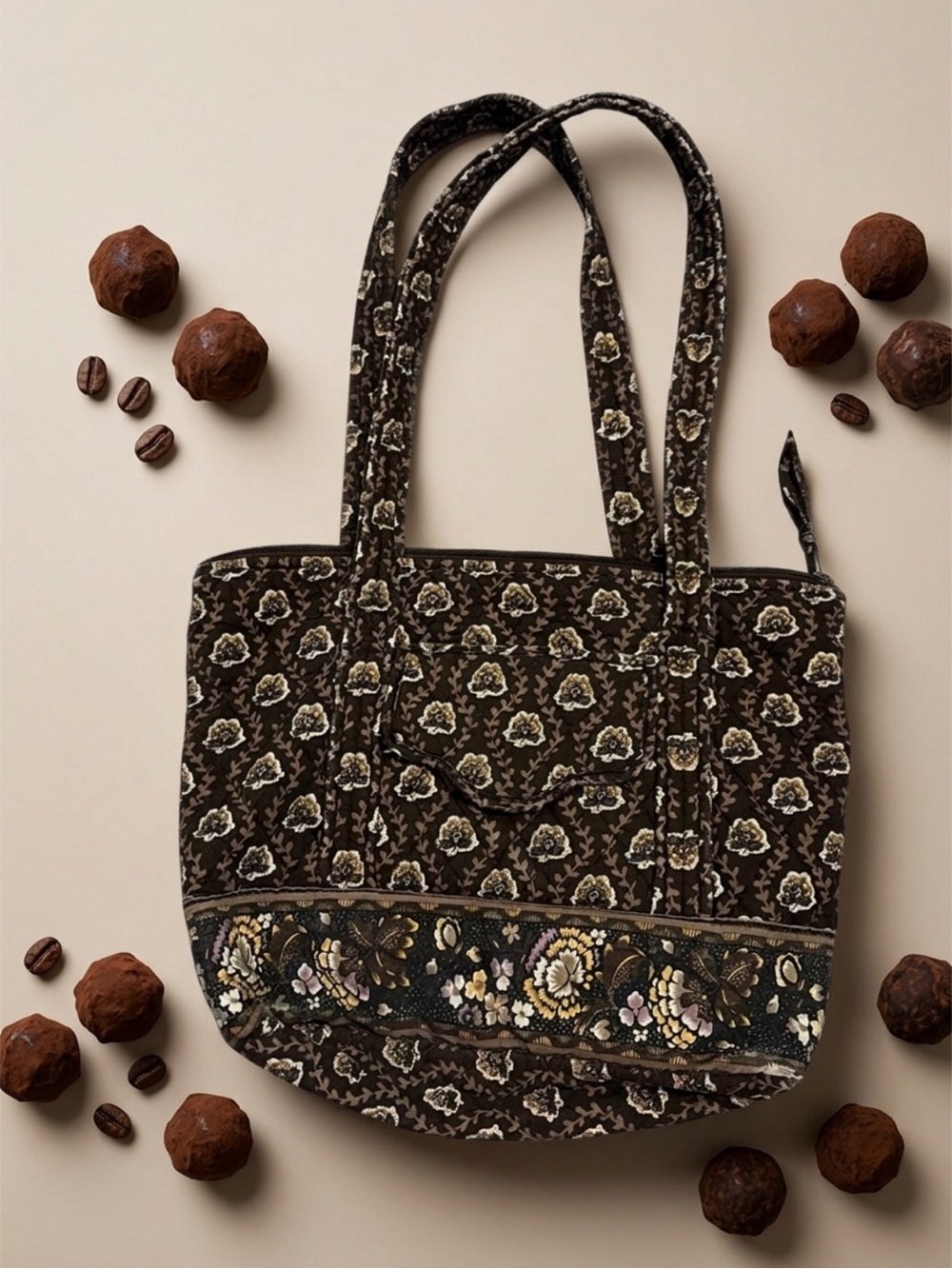Quilted Floral Panel Tote in Brown